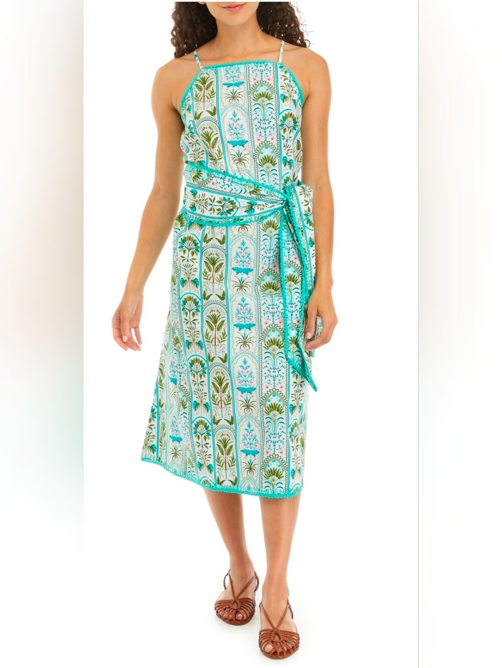 NWT Crown & Ivy Turquoise and White Botanical-Print Midi Dress Size XL